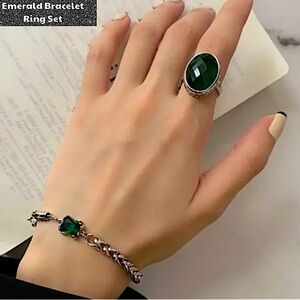 Sterling Silver Emerald Zircon Bracelet Matching Emerald Zircon Statement Ring